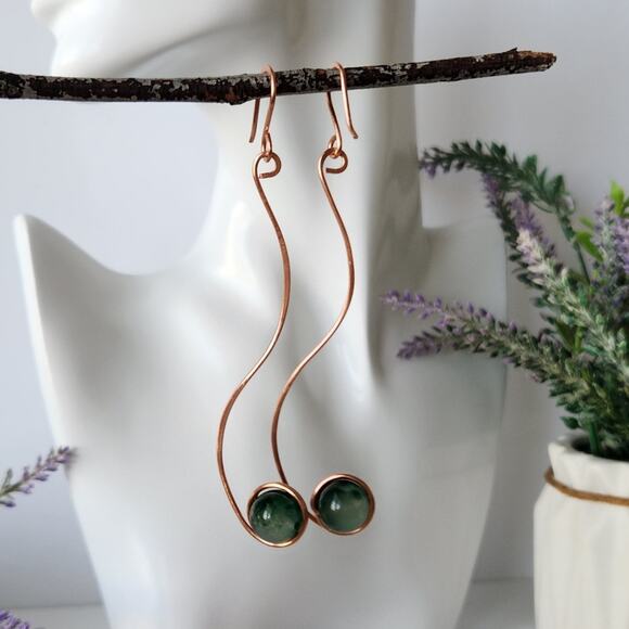 Handmade Copper Wire Wrapped Natural Green Jade Earrings - Elegant, Minimalist - Picture 7 of 8
